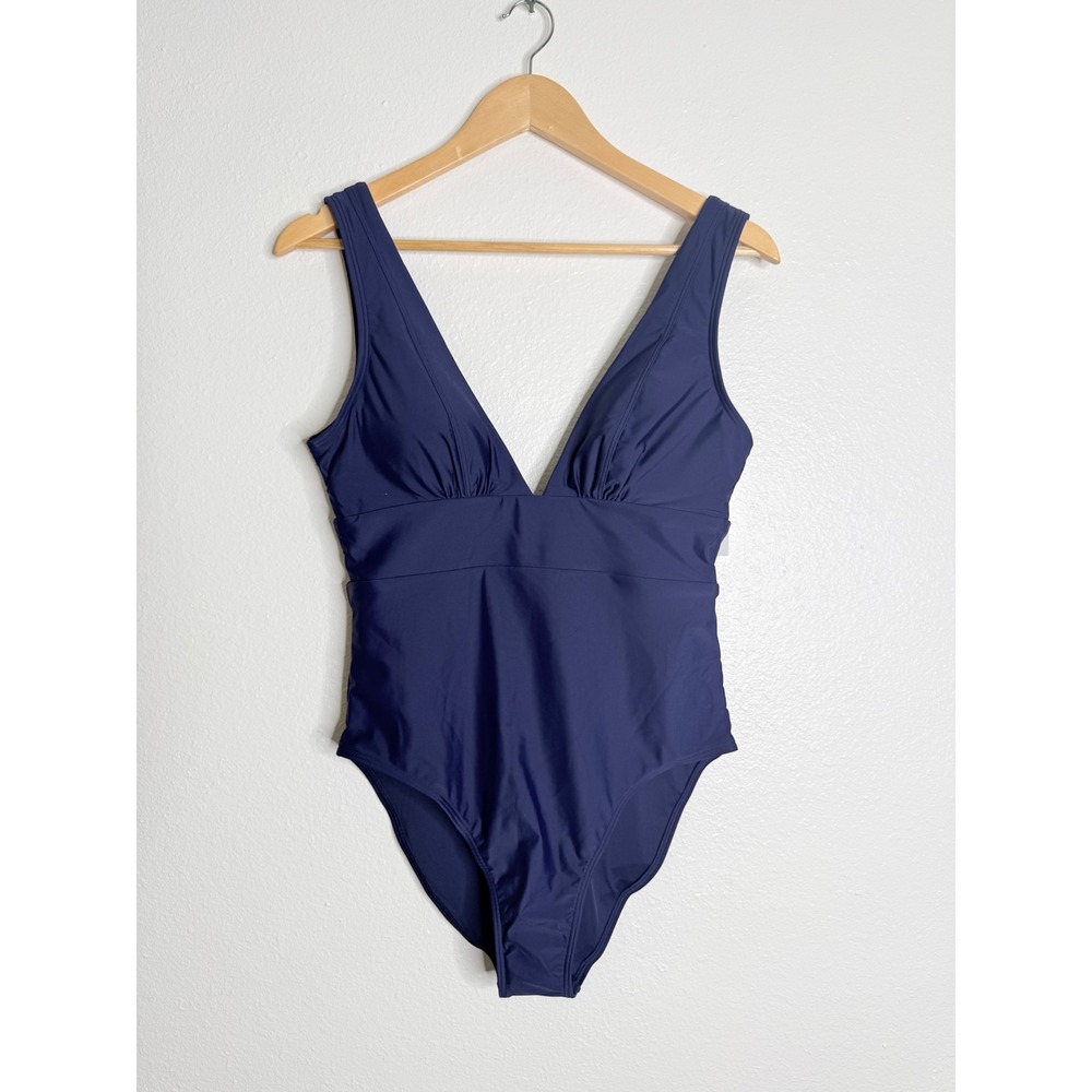 Quince Italian Plunge One-Piece Swimsuit Navy Blue Large NWT
